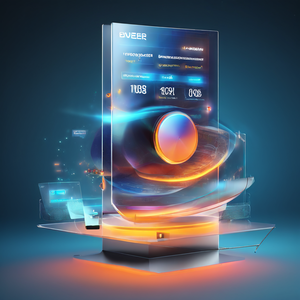 Futuristic digital interface showing an Over Under line display beside a record screen with layered glow and secure data flow.