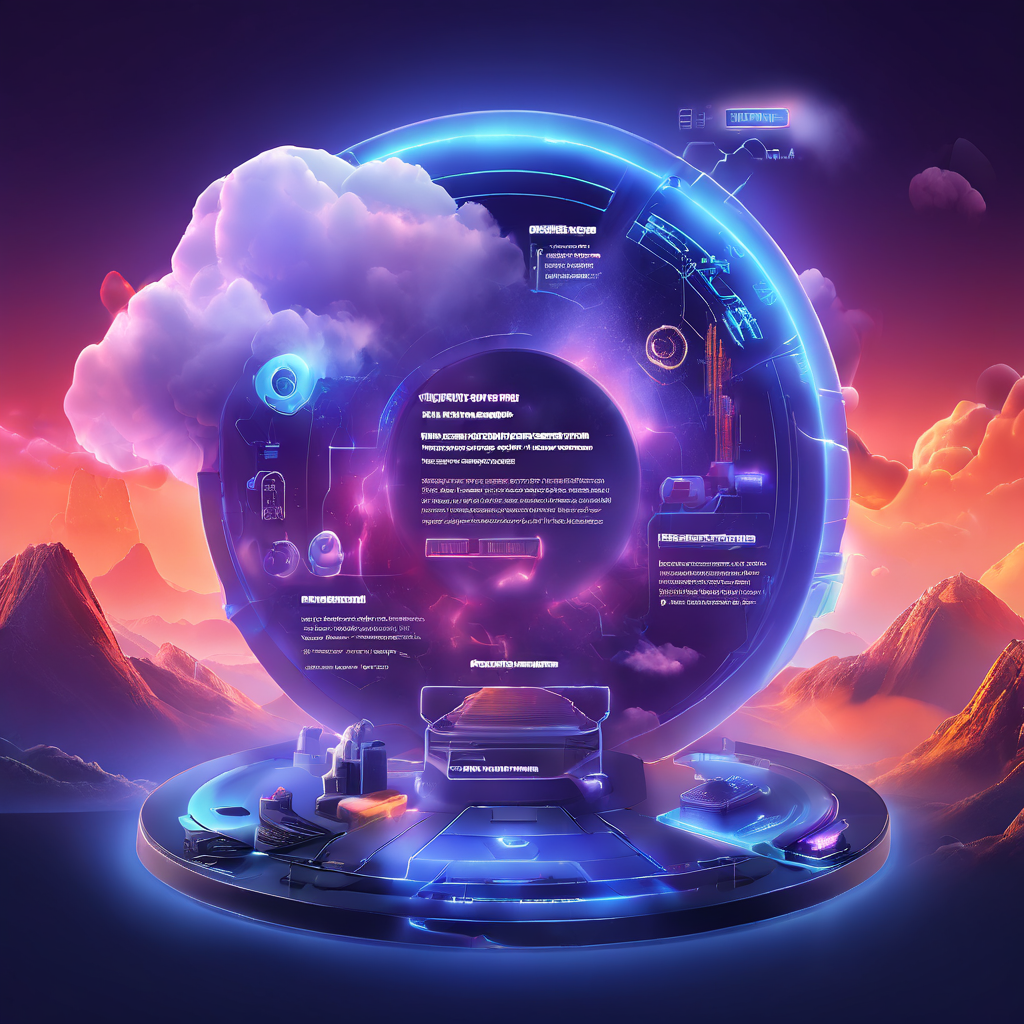 Abstract digital platform visualizing a secure online service flow between cloud, data, and operations layers for a premium...