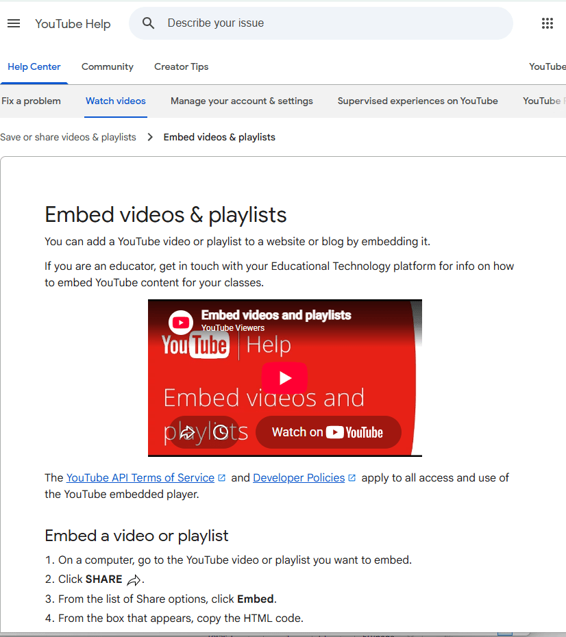 YouTube Help documentation describing limitations of embedded video playback.