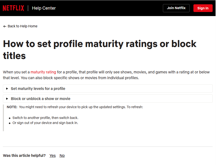Netflix profile settings for changing maturity ratings and blocking specific titles.