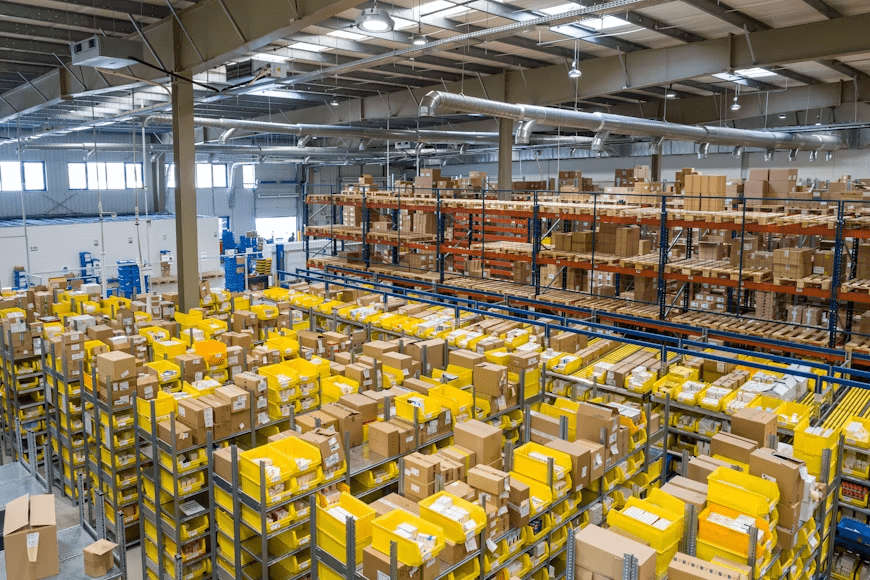 Distribution center managing inventory, packing, and shipping for online marketplace orders.