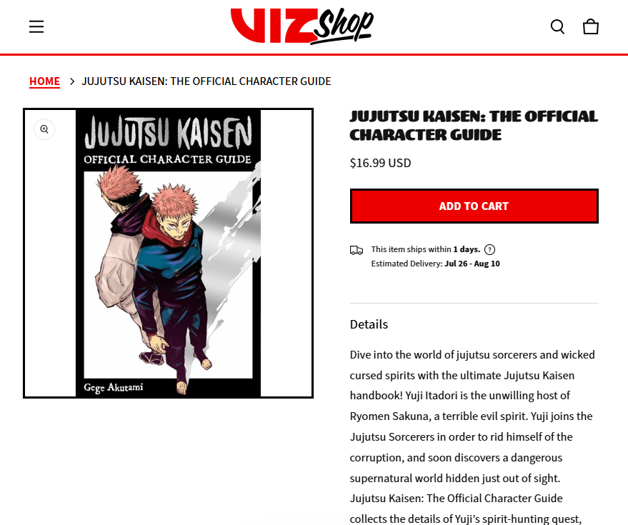 Official Jujutsu Kaisen character guide featuring character profiles and story details.